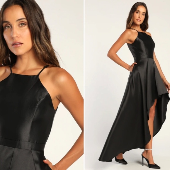 Lulus Dresses & Skirts - Lulu's Black Satin High-Low Halter Evening Dress